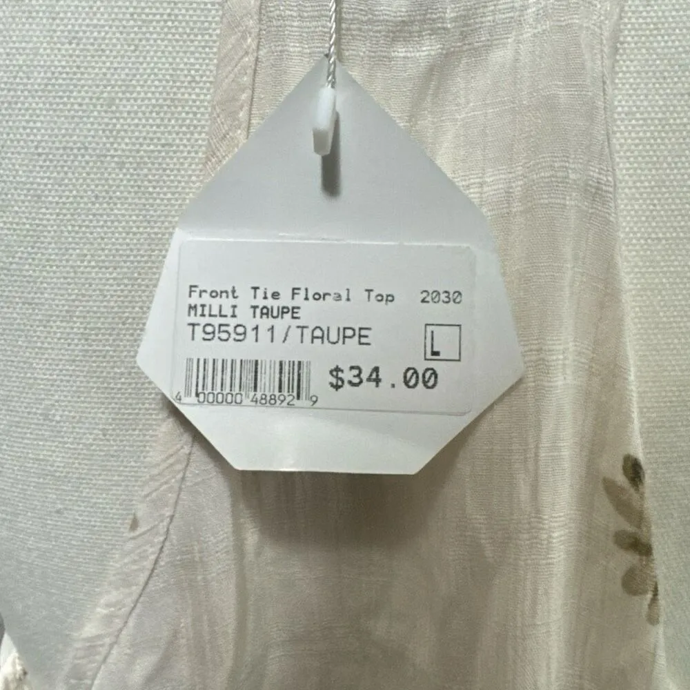 NWT TAYLOR GRACE | Milli Taupe Beige Front Tie Floral Button Down Tank Top L Tan Size L - Image 3