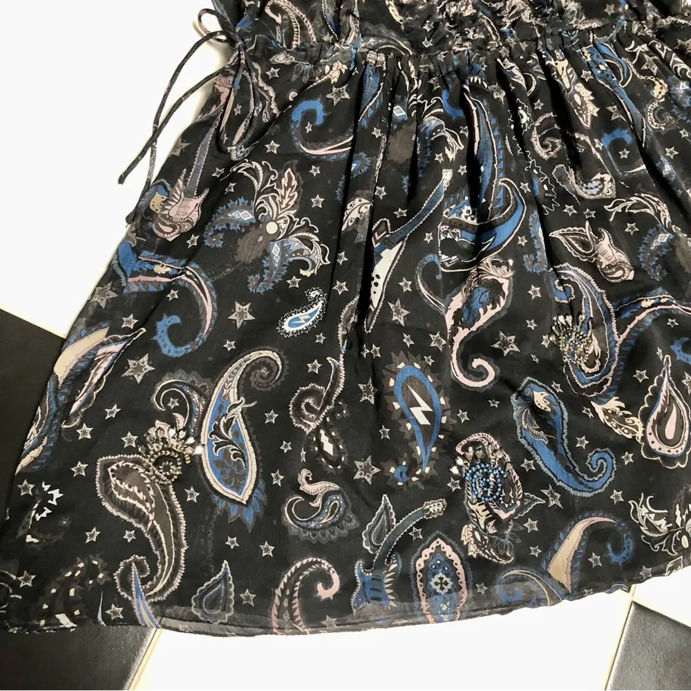 Rimana Paisley Mini Ruffle Beaded Dress Navy Blue Bohemian sz S - Image 5