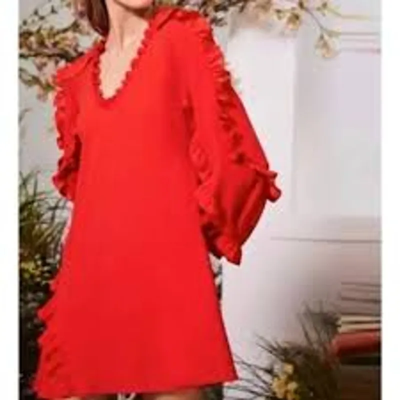ALEXIS Ceretti Dress in Red Crepe Ruffle Details Long Sleeve No Size FITS SMALL - Image 4
