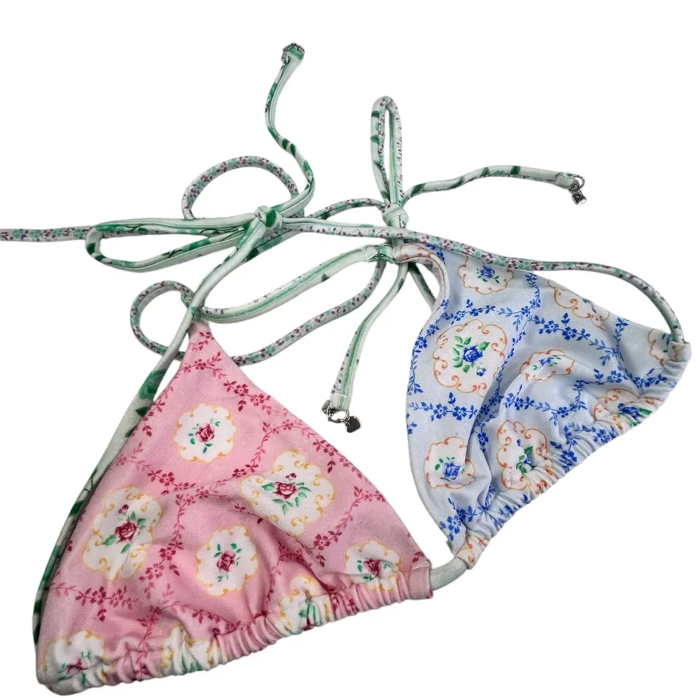 NEW Fillyboo Tea Cup Triangle String Bikini Top Swim Floral Tie Size Large Pink - Image 3