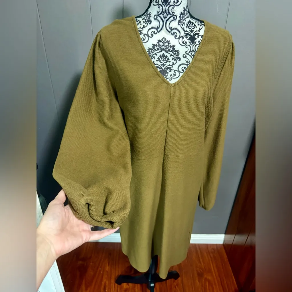 MADEWELL Texture and Thread Olive Balloon Sleeve Dress - Image 3