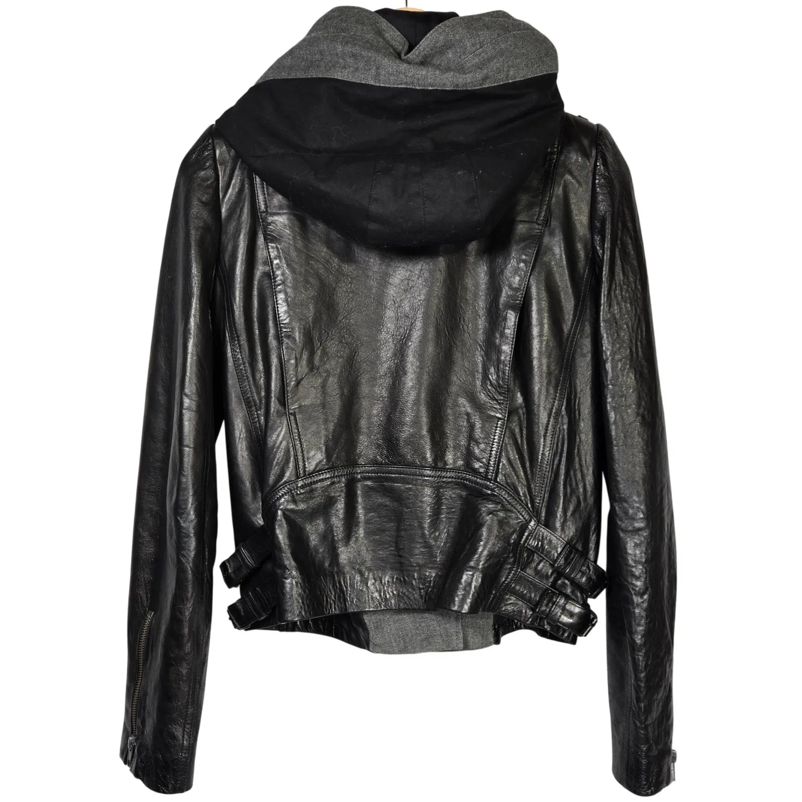 ALC Black Lamb Leather Hooded Moto Jacket Paneled Wool Blend Contrast Trim 4 - Image 2