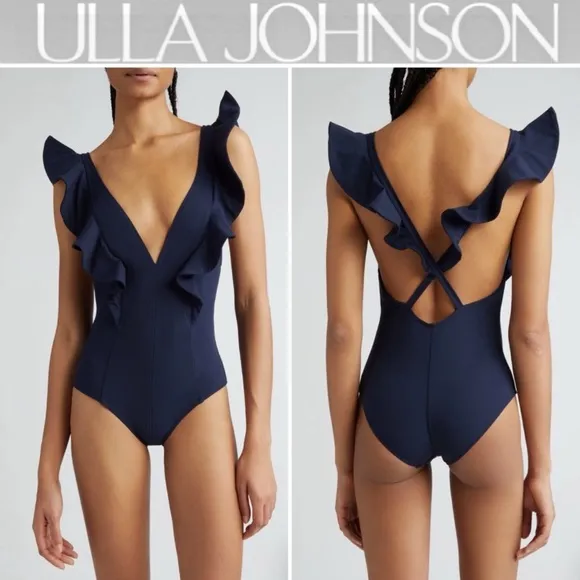 Ulla Johnson Evelina Ruffle Plunge One-Piece Swimsuit, Navy, Size Large, $380 - Image 2