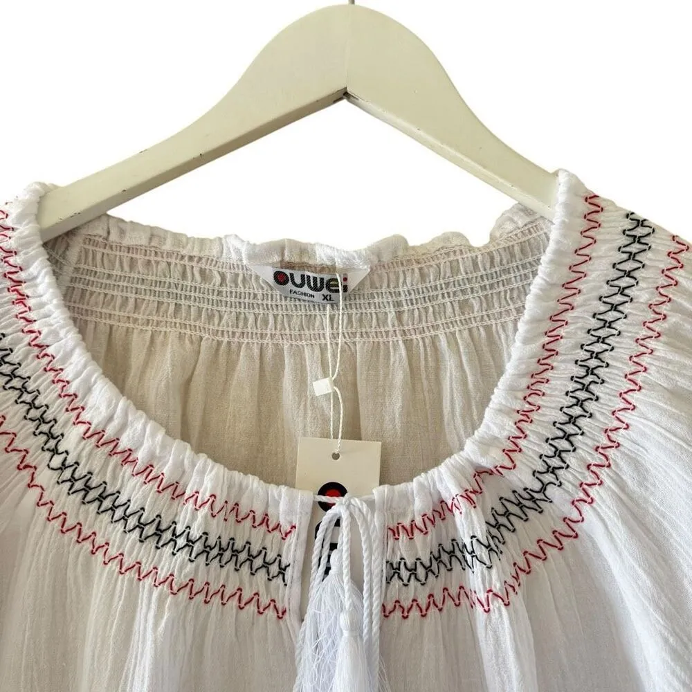 Ouwei White Red Black Embroidered Ethnic Festival Blouse SZ XL #2488 - Image 2