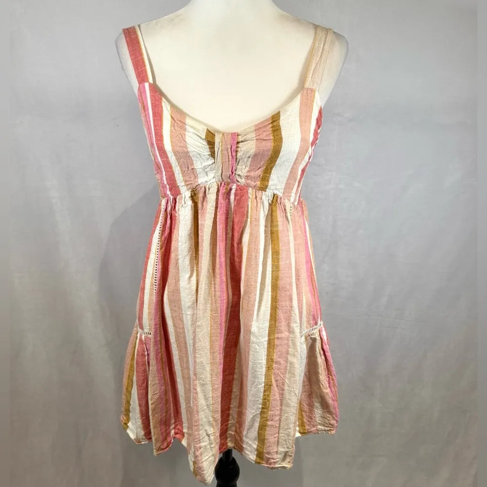 Tobi pink blush striped linen mini babydoll dress size medium - Image 2