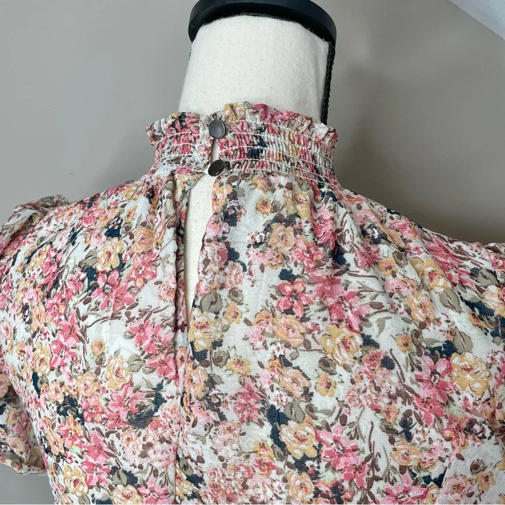 1.State Floral Ruffle Smocked Waist Keyhole Back Tiered Mini Dress XXS - Image 5