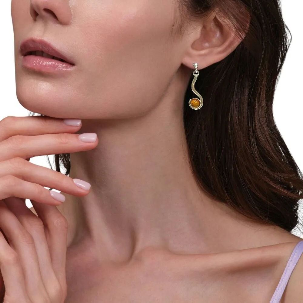 Amber & Sterling Silver Drop Earrings With Swirl Design For Women Orange - Image 2