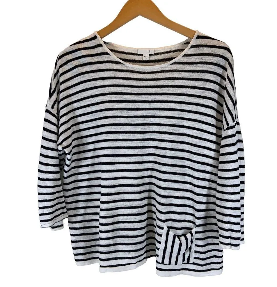 J. Jill | Medium | Linen Blend White & Black Striped 3/4 Sleeve Front Pocket Top - Image 7