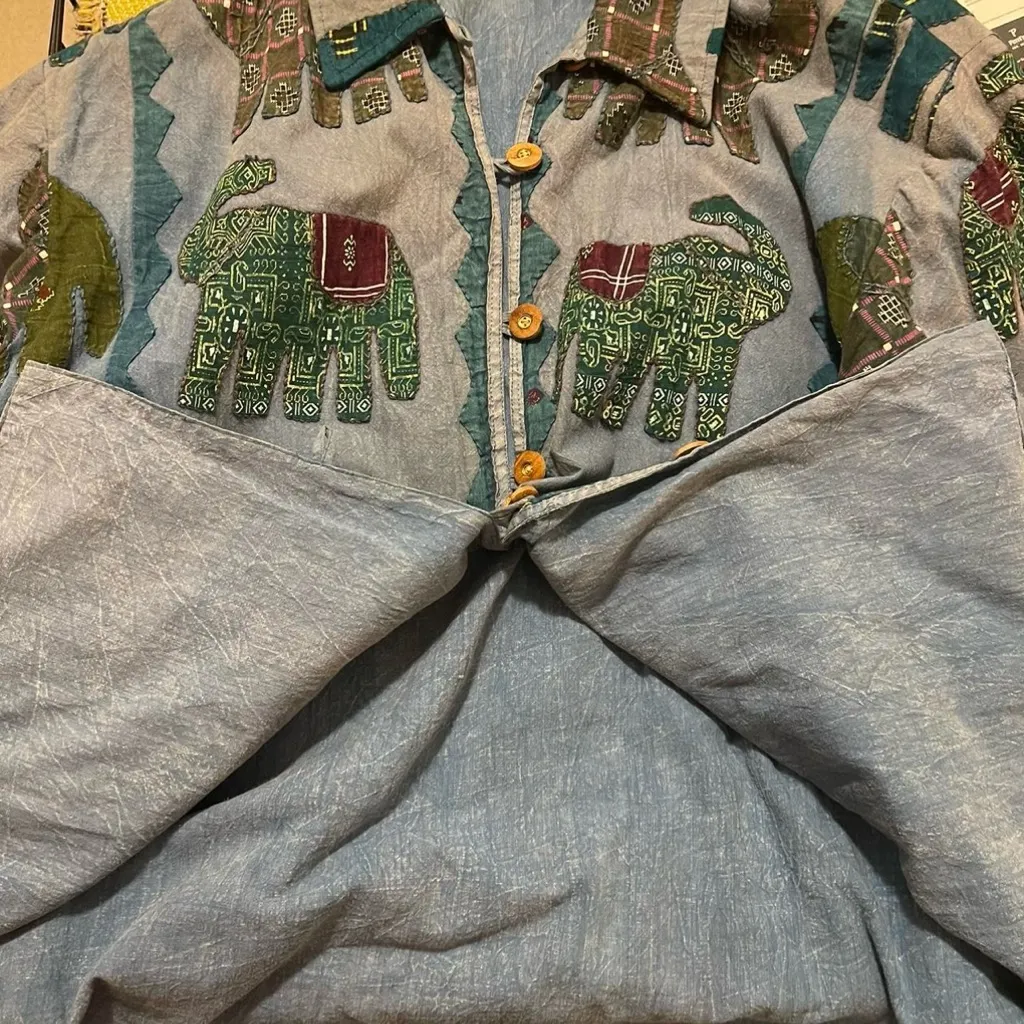 VTG Elephant Patchwork Applique Button-Up Jacket  L/XL Bohemian Hippie 🐘🌼 - Image 6