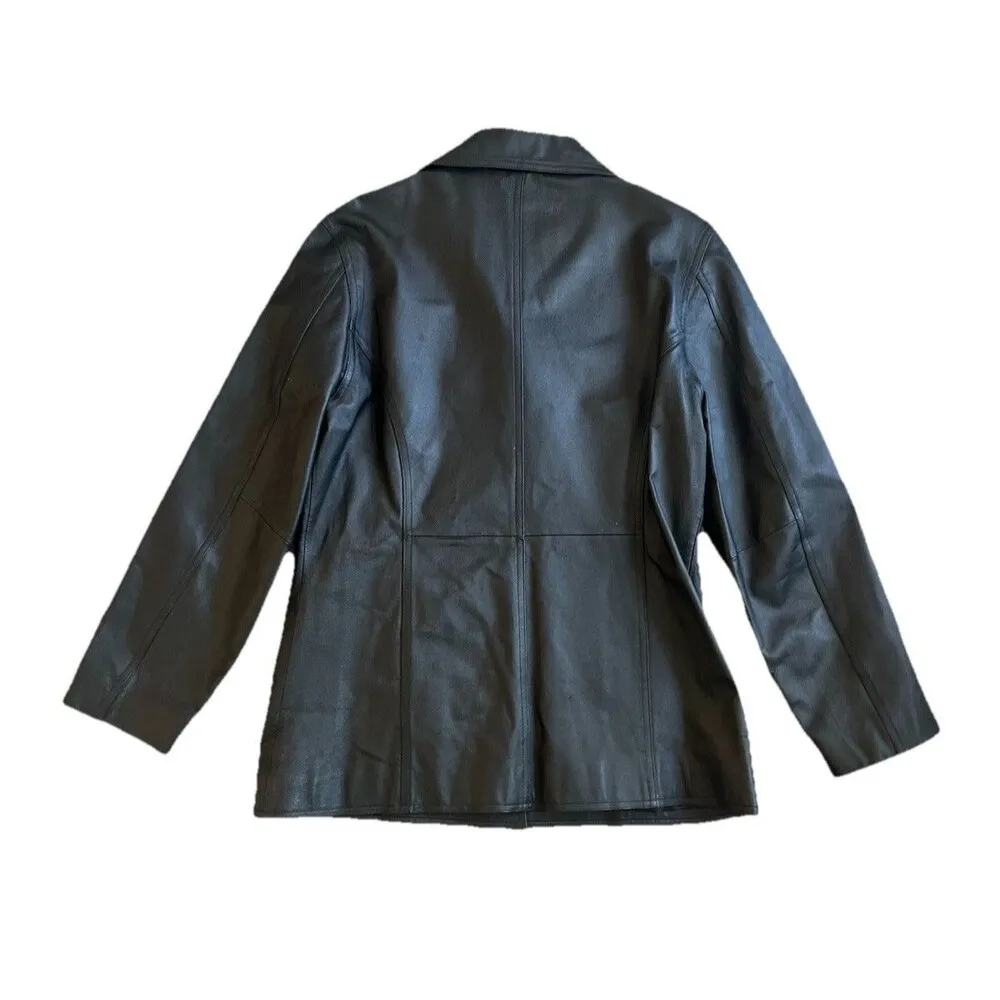 Jacqueline Ferrari Solid Black Leather Jacket Size Large Classic Button Money - Image 2