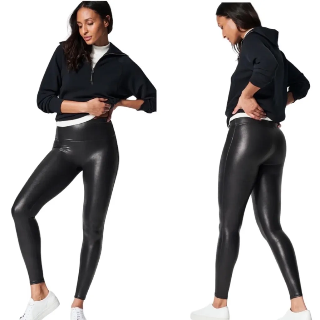 SPANX Black Faux Leather Leggings Size Medium - Image 2