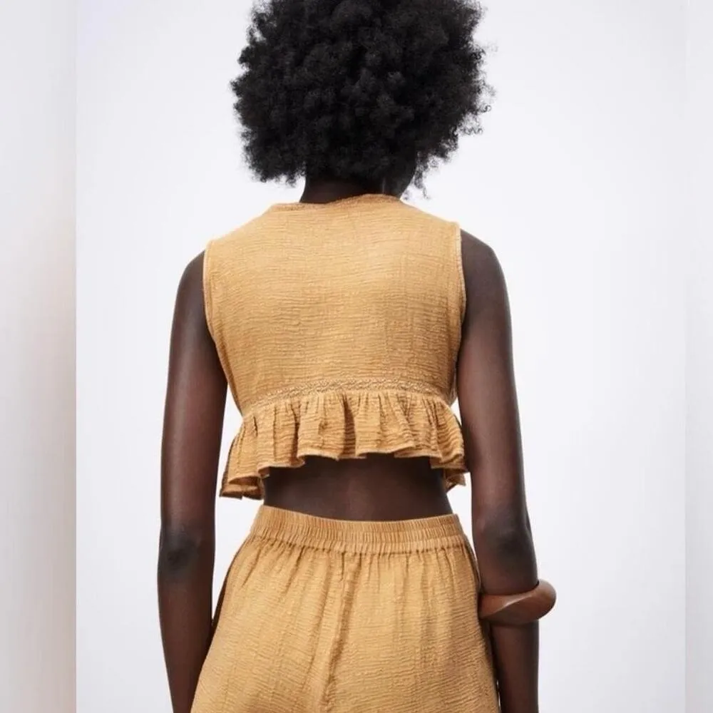 Zara Tan Yellow Sleeveless Deep V Boho Ruffle Peplum Vest Crop Tank Top Size XS - Image 2