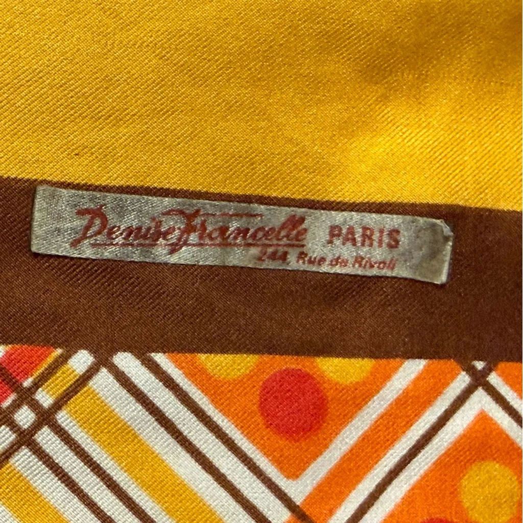 Vintage 1970s Yellow Orange and Brown Geometric Plaid Polyester Scarf 26” x 26” - Image 5