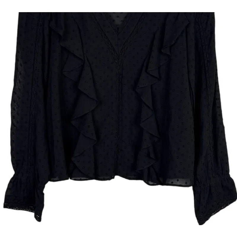 Zara Swiss Dotted Ruffle Detail Semi Sheer Long Sleeve V Neck Blouse XS Black - Image 3