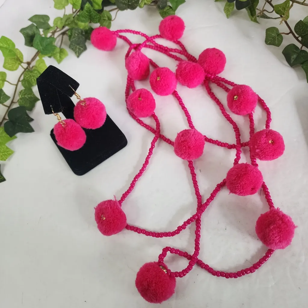 Barbie Pink Color PomPom and Stone Bead Necklace Earrings Set - Image 2