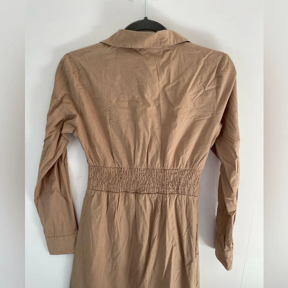 SIM & SAM Button Front Shirt Dress small Cotton taupe Midi Ruched Long Sleeve - Image 8