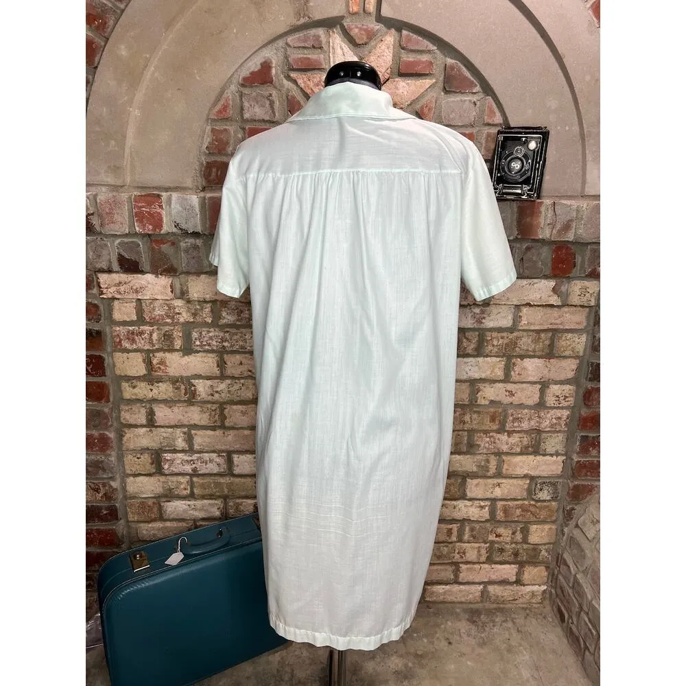 Vintage house dress frolicking embroidered pocket hourglass green blue Size L - Image 3