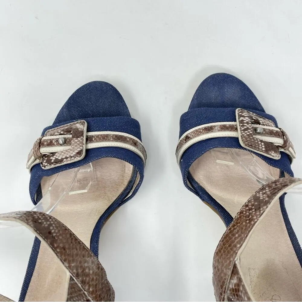 Joan and David Denim Snakeskin Leather Chunky Block High Heel Y2K Buckle Shoe 10 - Image 6