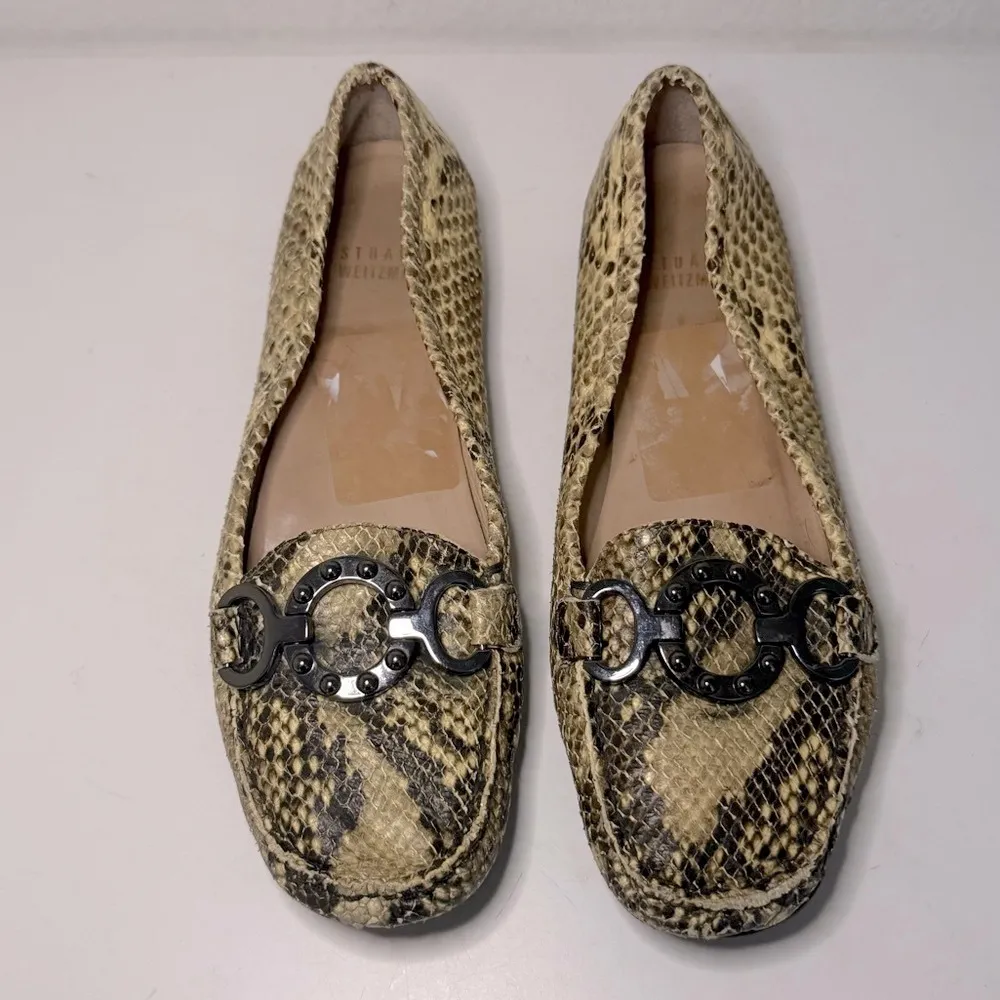 Stuart Weitzman Keepmoc Snakeskin Loafer Driver Flats Tan Neutral Size 7.5 - Image 2