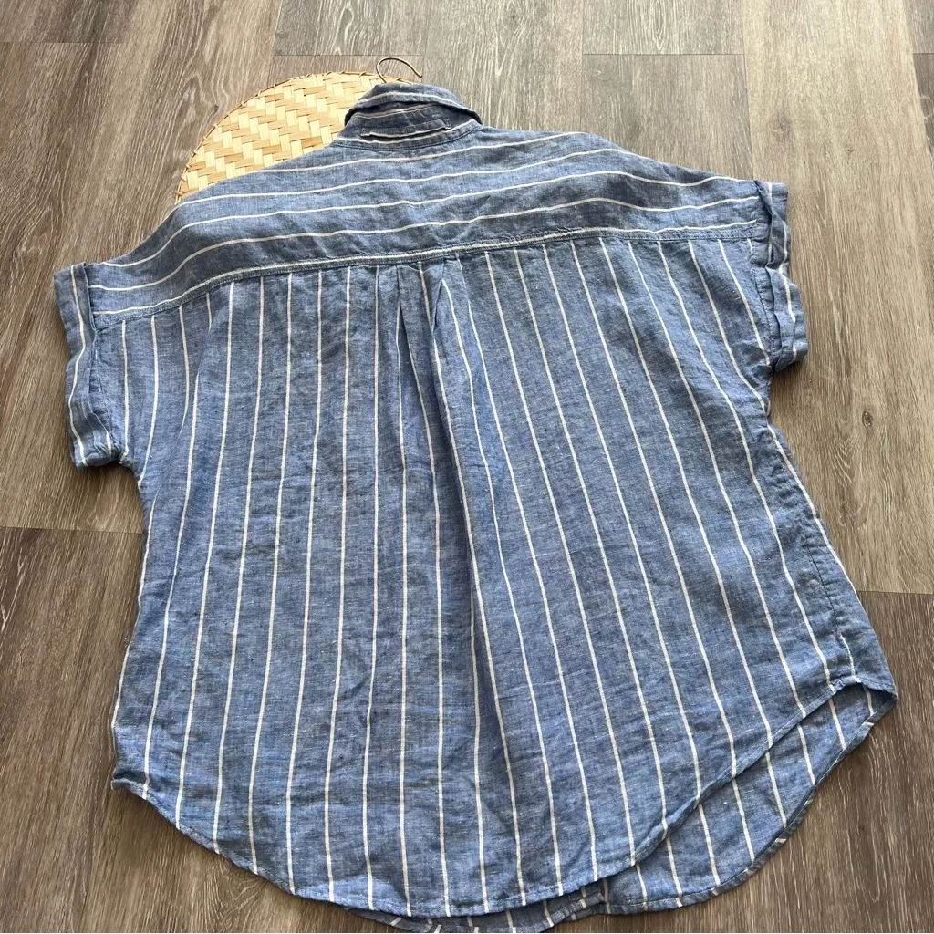 Banana republic linen resort shirt 100% linen blue and white striped button down - Image 9