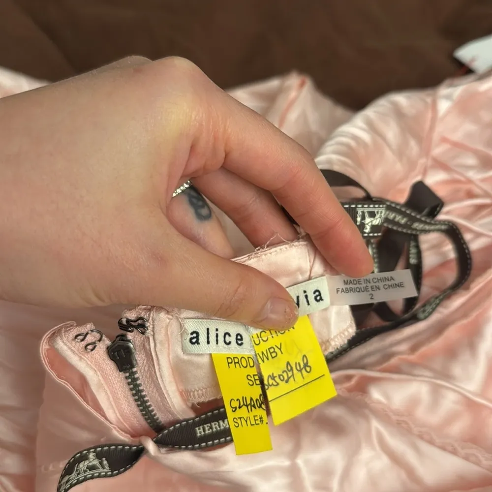 NWT Alice and Olivia pink stretch satin high low lace trim low back dress - Image 12