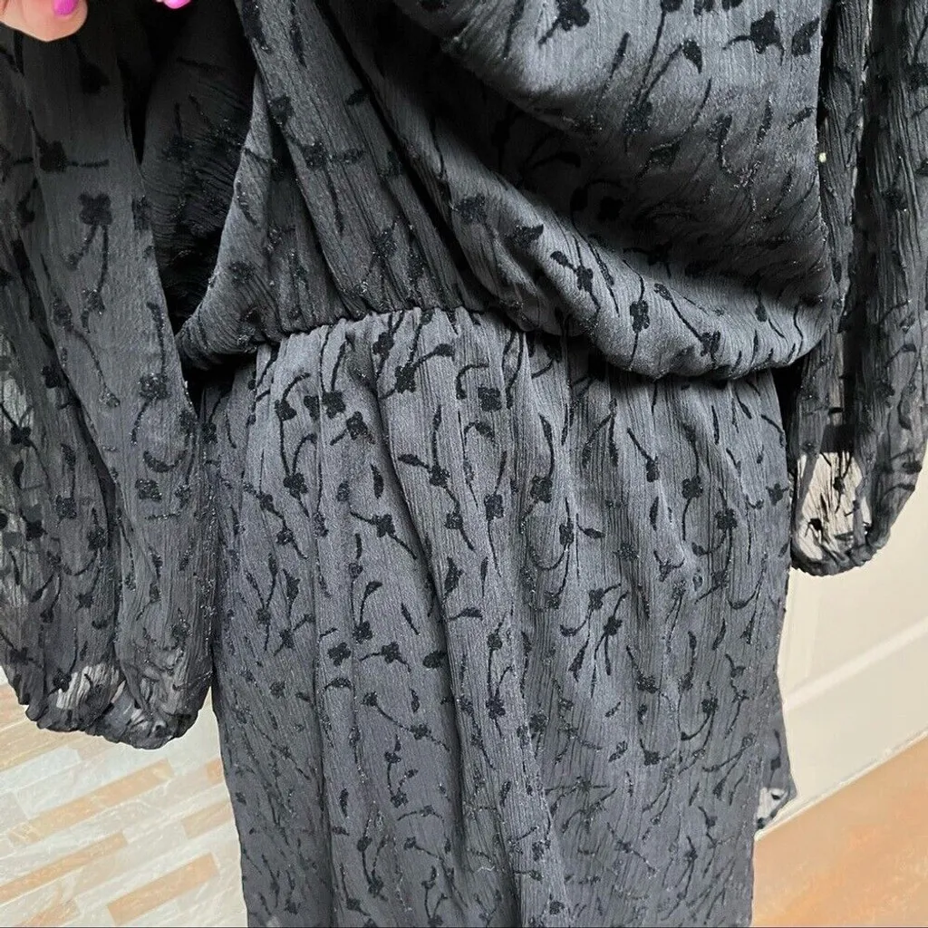 Zara Fit & Flare Mini Dress Black Velvet Floral Balloon Sleeves Size S - Image 7