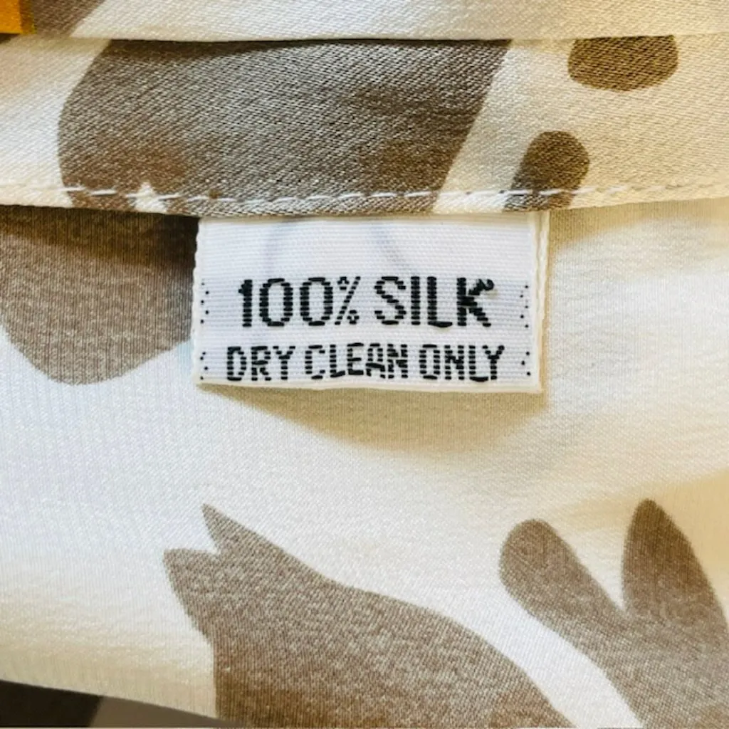 Oleg Cassini Vintage 100% Silk Satin Abstract Animal Print Ruched Midi Dress S Gold - Image 8