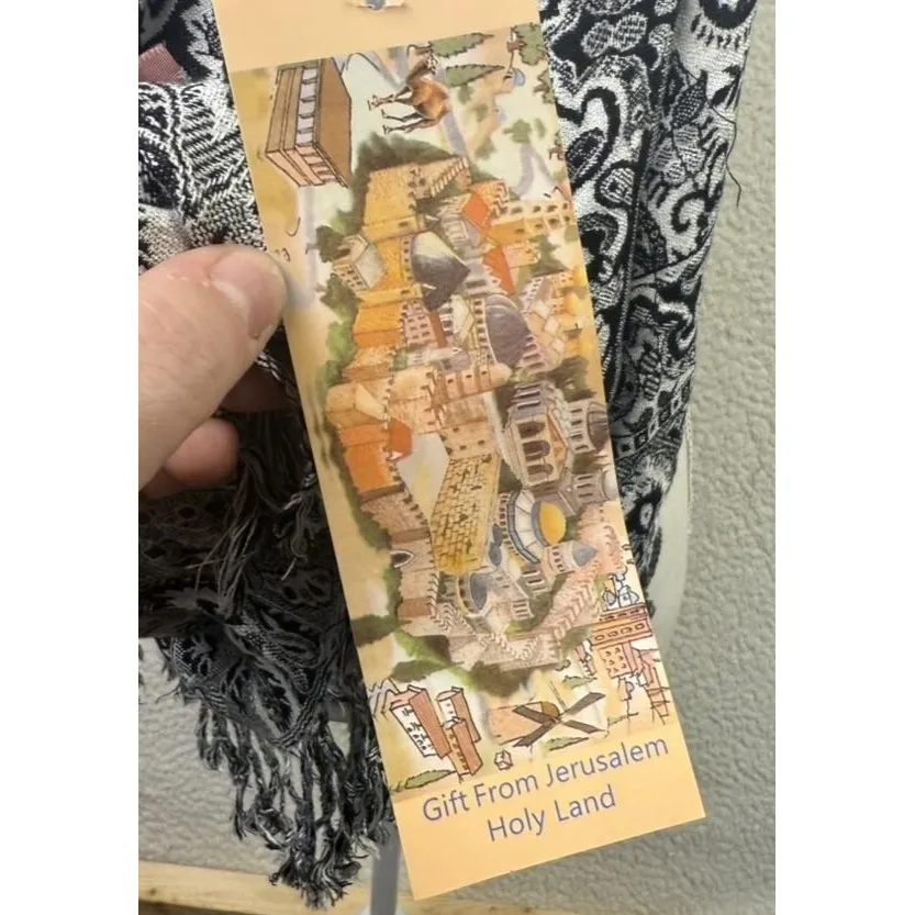 Gift From Jerusalem Scarf Womens One Size Black White Paisley Cashmere Fringe - Image 6