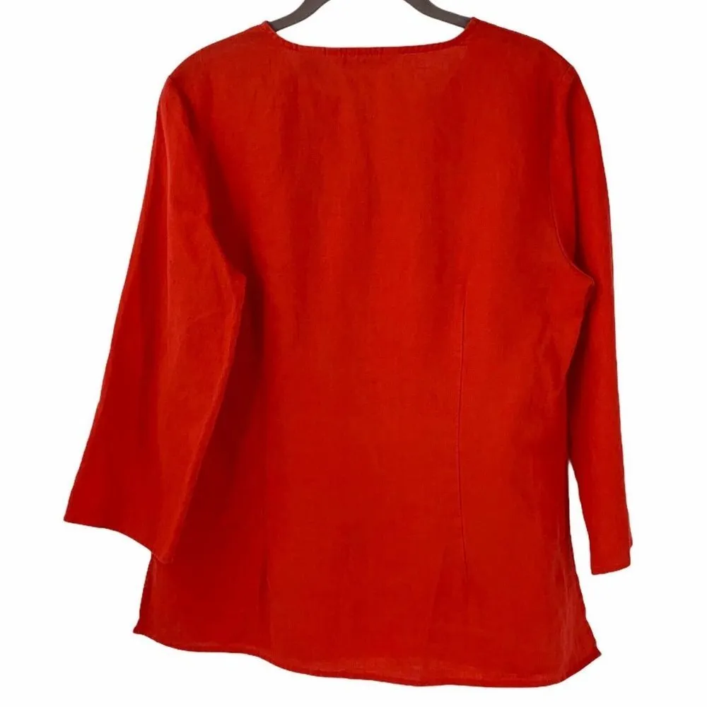 SUSAN BRISTOL Embroidered Orange 100% Linen Tunic - Image 4