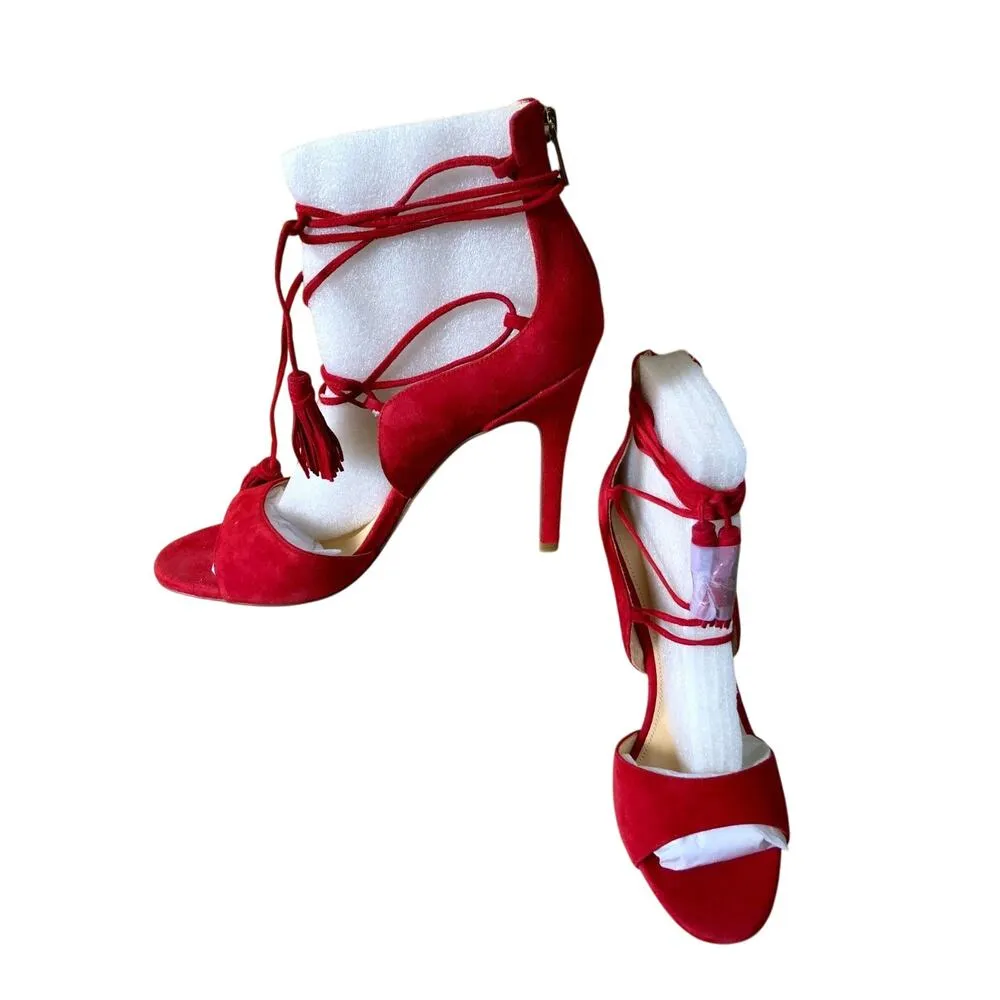 Ivanka Trump Red Suede Leather Strappy Lace Up Sandal Shoe $175 New NIB Fringe - Image 3