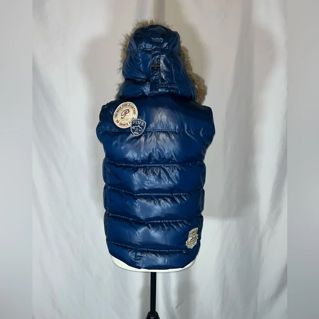 Victoria Secret Grand Escape Lodge Puffer Vest Faux Fur Hood Blue - Image 4