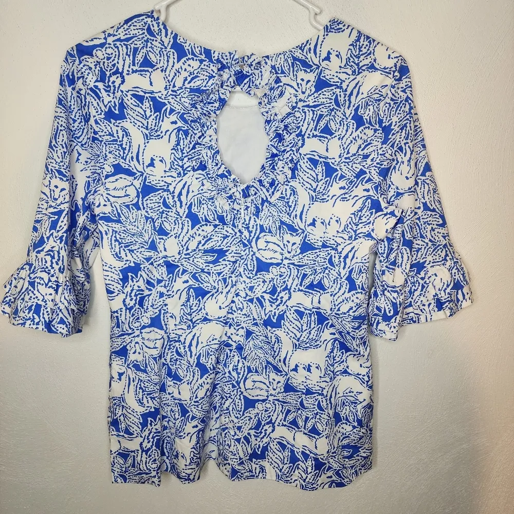 Lilly Pulitzer Fiesta Blouse blue and white with ruflfe bell sleeves - Image 4