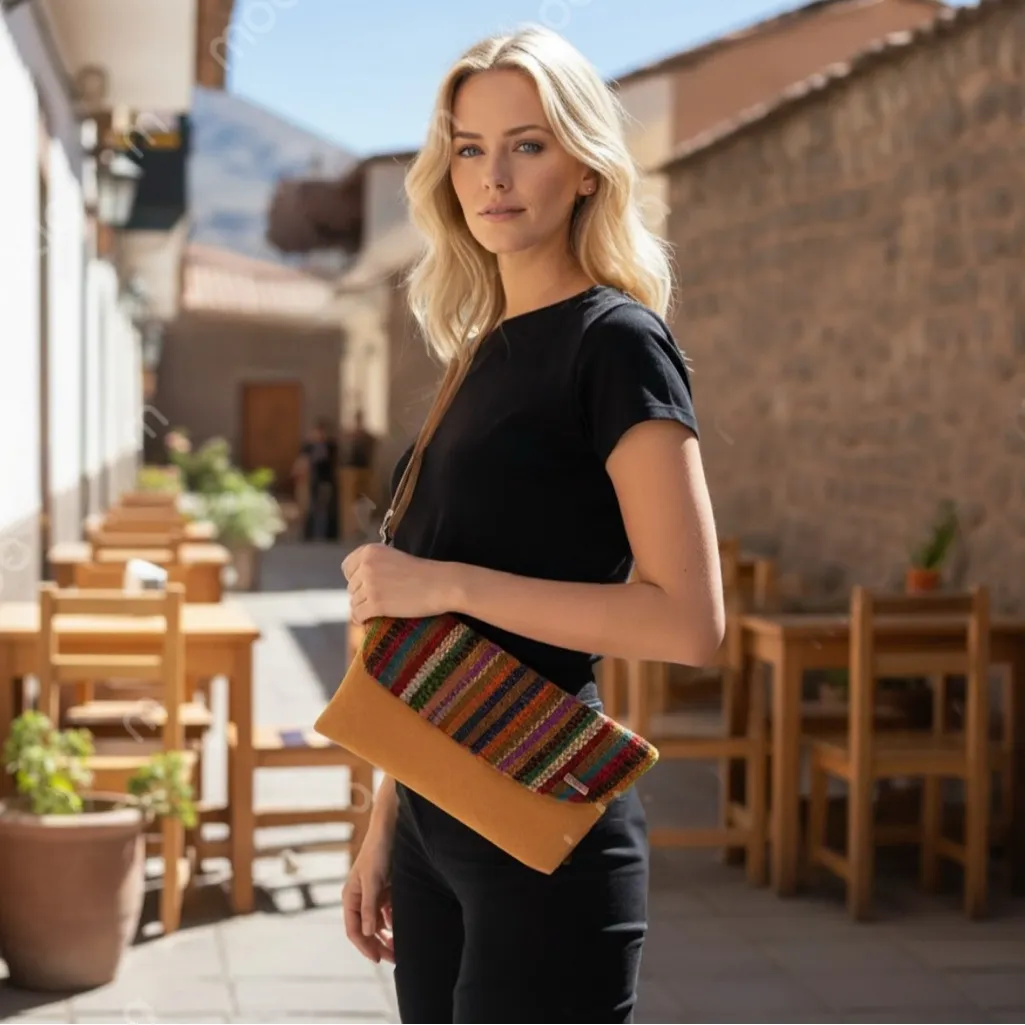 Peruvian Crossbody/Clutch Bag Tan with Rainbow Striping Wrist Strap | 11x7.5 In - Image 7