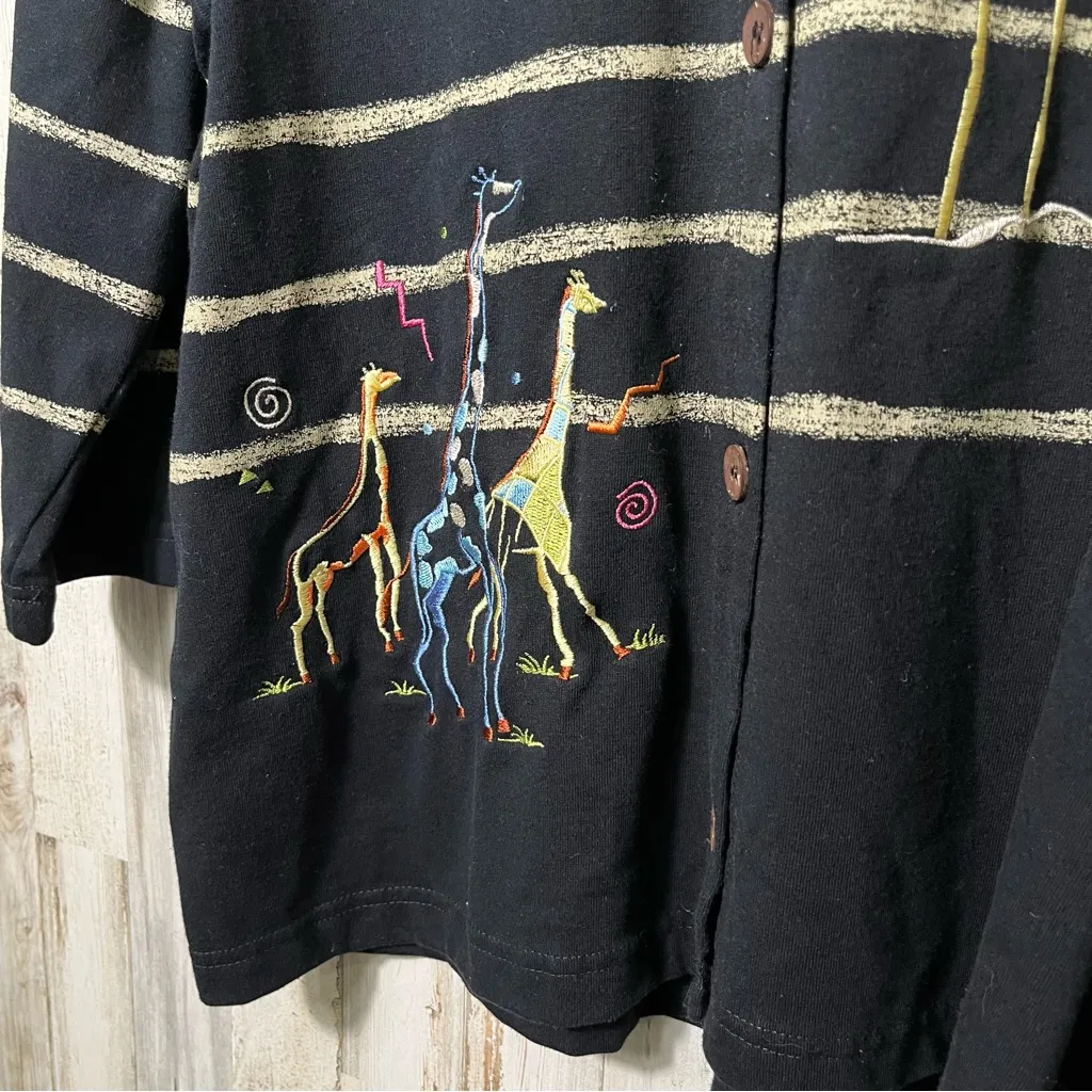 Vintage 90s Onque Black Button Cardigan Giraffe Palm Tree Striped Womens Medium - Image 2