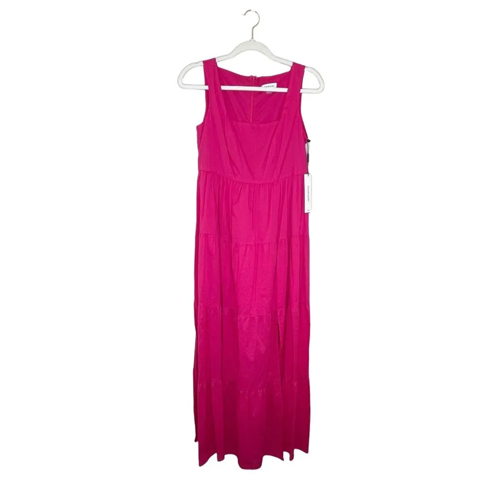 Calvin Klein Sleeveless Maxi Dress Size 2 Square Neck Cotton Tiered Pink New - Image 2
