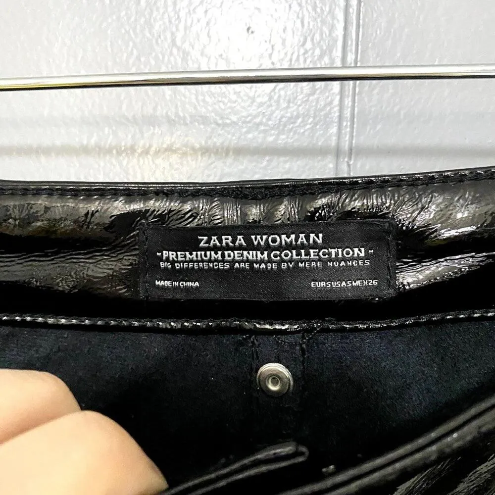 Zara Black Patent Pleather Biker Moto Zipper Straight Leg Edgy Trendy Pants S - Image 3