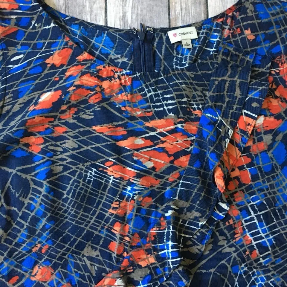 Cremieux Ruffled Floral Top Women L 12 14 Sleeveless Rayon Blend Zip Back Office - Image 2