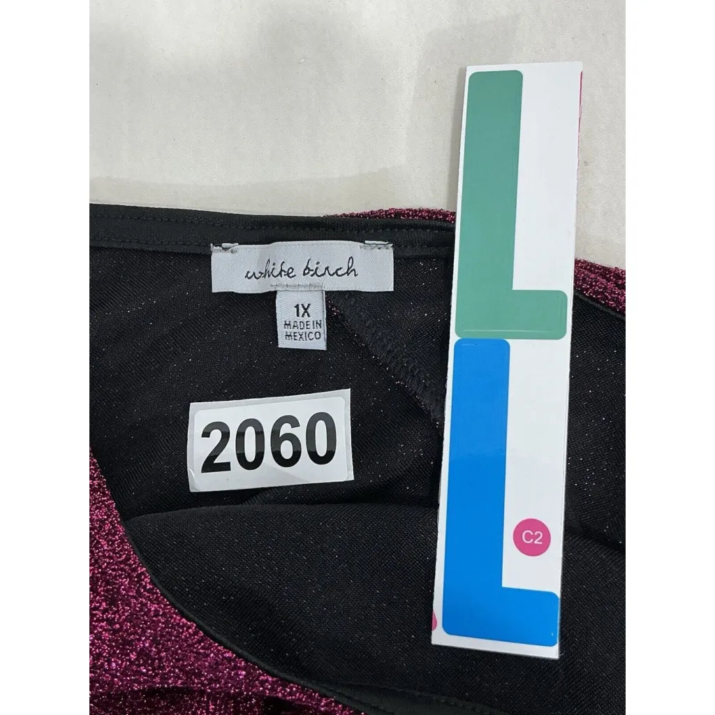 Womans White Birch Long Sleeve One Shoulder Pullover Sparkly Fushia 1x Blouse - Image 3