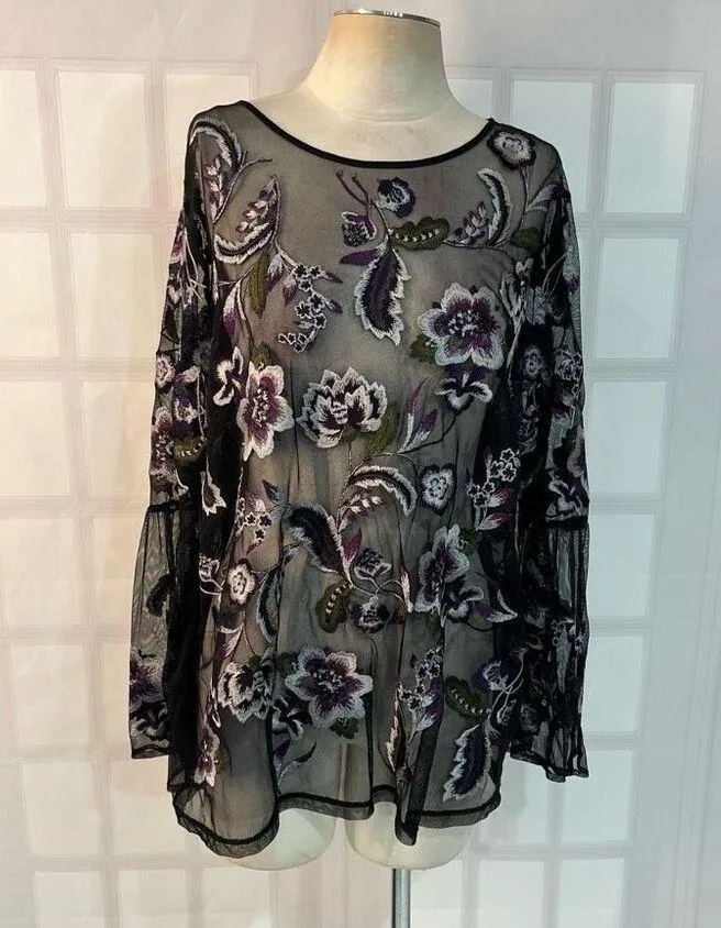 Inc International Concepts Black Mesh Embroidered Long Bell Sleeve Blouse Sz 2X - Image 2