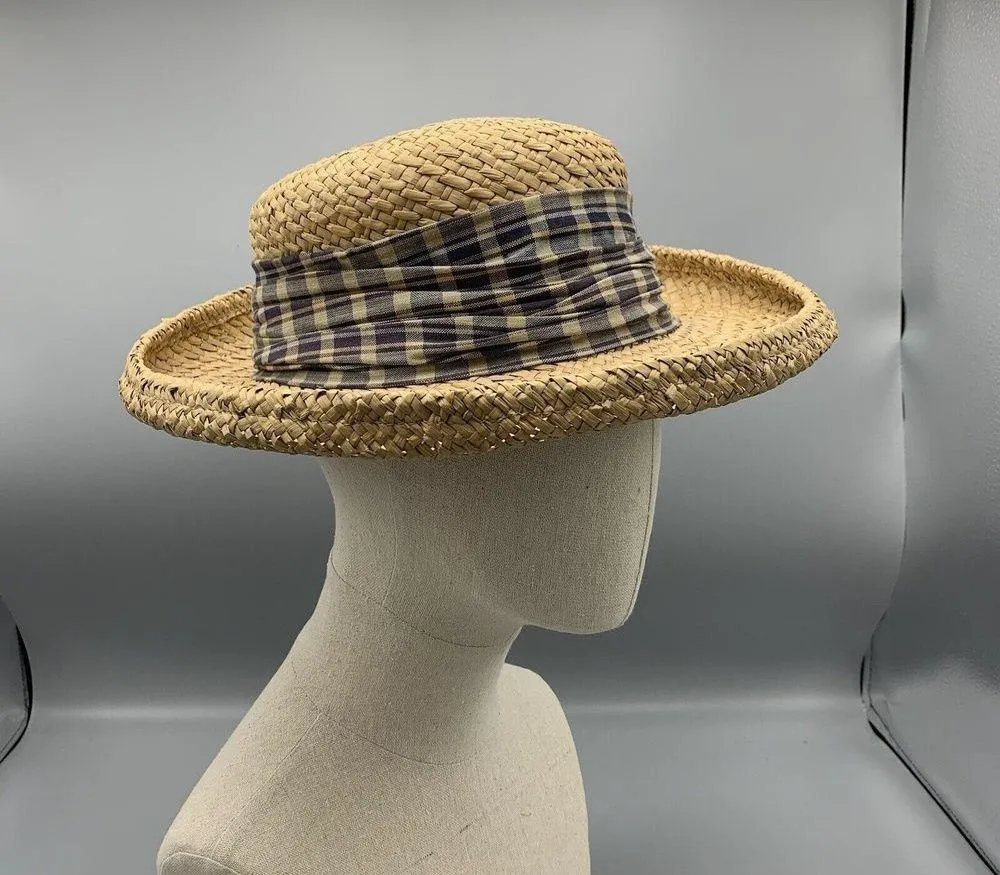 Eric Javits Lily J Woven Straw Hat Sun Beach Round Kettle Brim Trim Plaid Band Size 0 - Image 3
