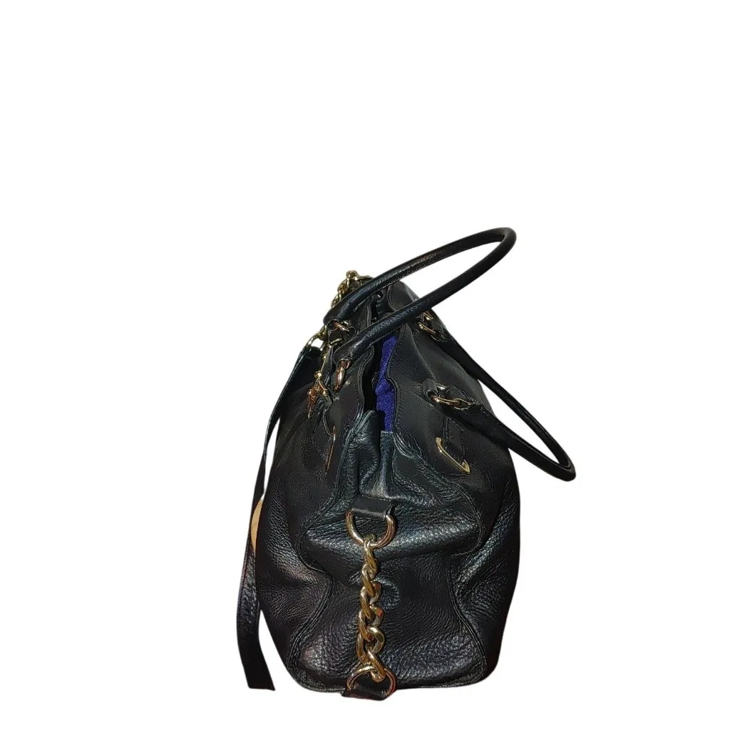 Michael Kors Satchel Hamilton Black Leather Handbag Gold Chain Strap Logo Plate - Image 10