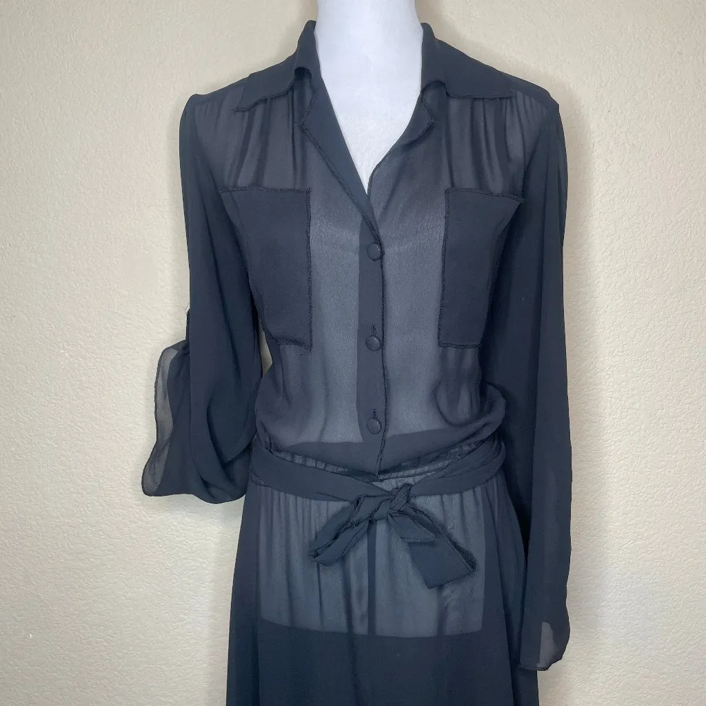 Vintage Dida International Sheer Black Maxi Shirt Dress Belted 13/14 - Image 2