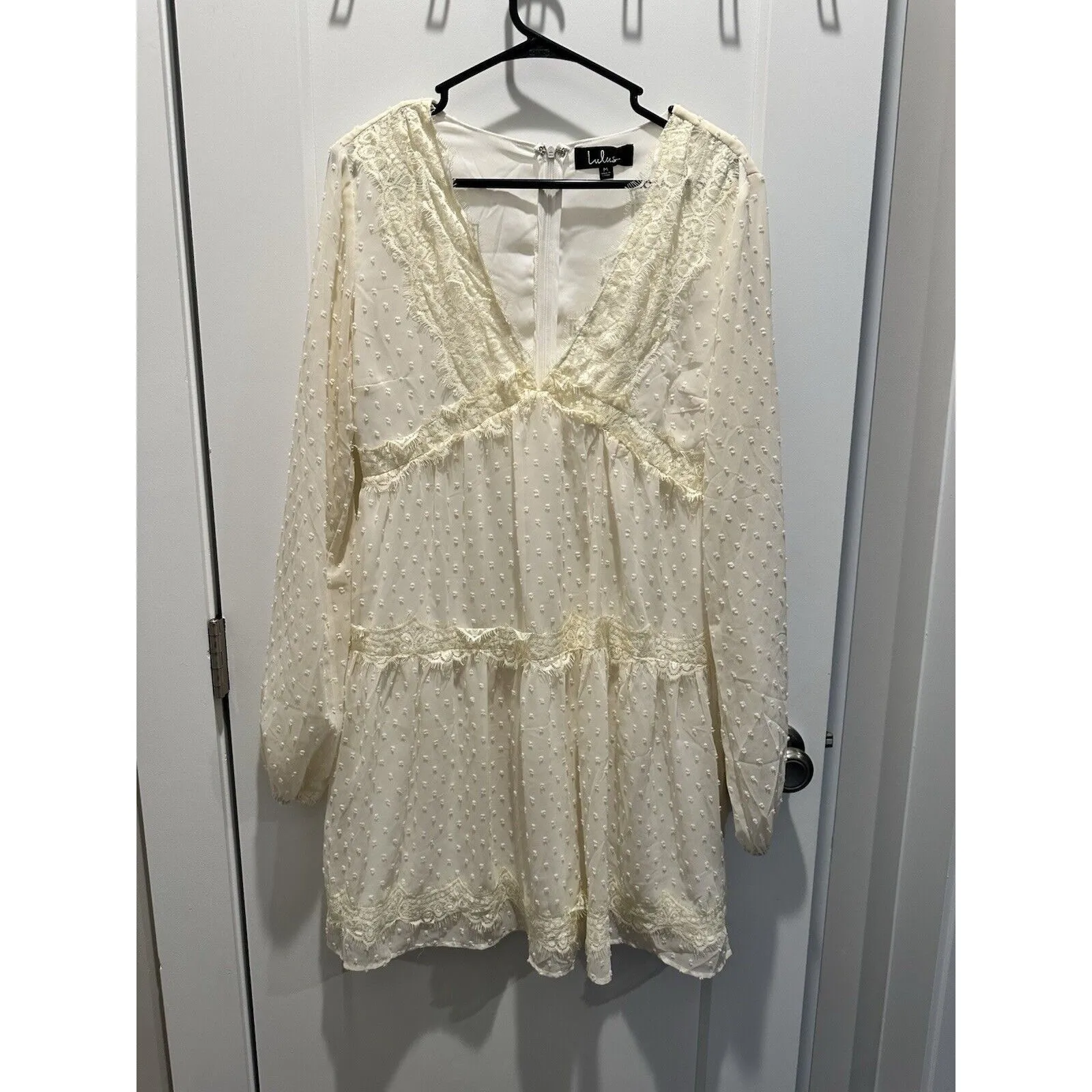 Lulus M Wistful Moment Ivory Swiss Dot Long Sleeve Dress Boho Bridal Shower Chic White Size M - Image 3