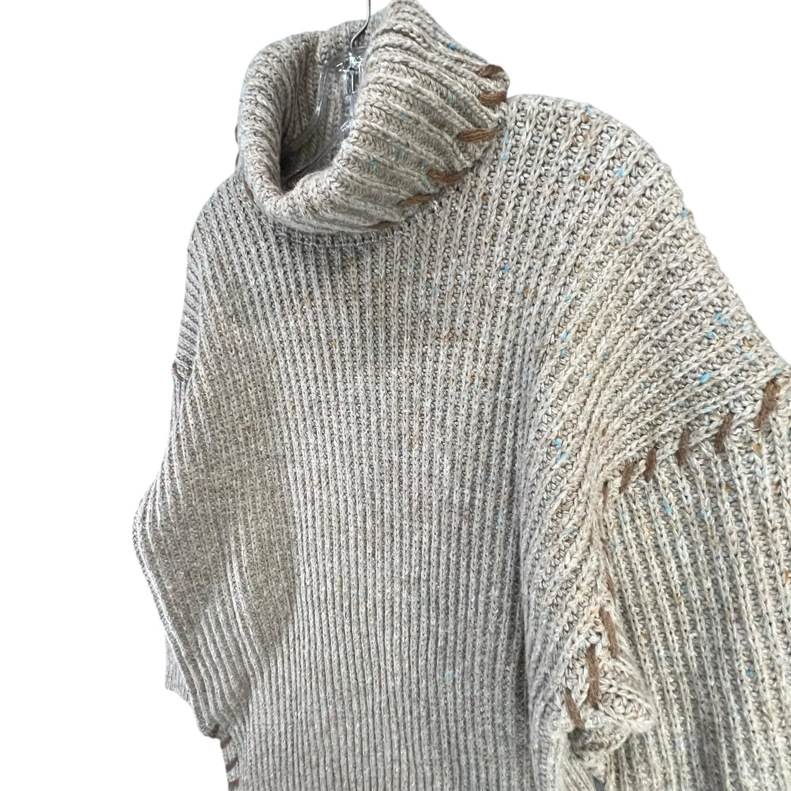 Vintage Y2K Chunky Knit Sweater XL Beige Cream Ribbed Turtleneck Cottage Cabin Tan - Image 3