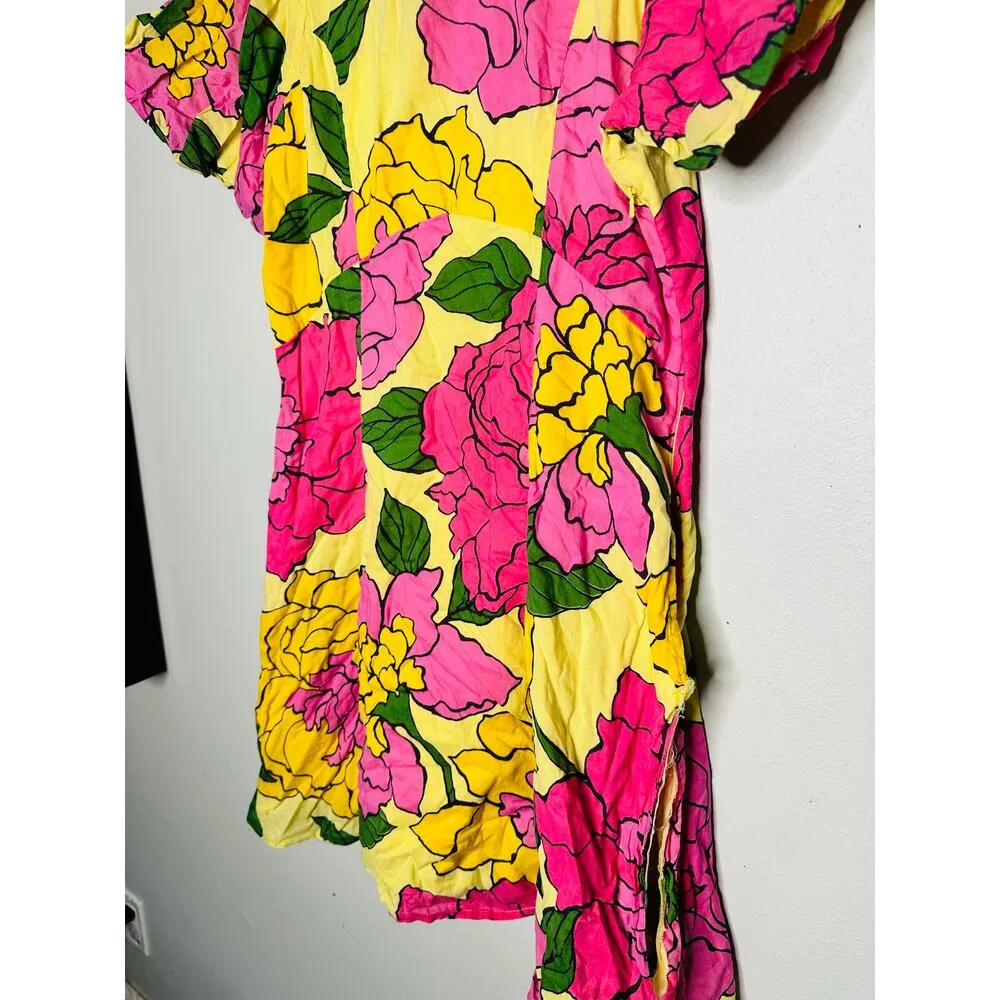 BANJANAN Yellow Pink Bright Florals Puff Sleeves Mini Gracia Dress Size 8 - Image 9