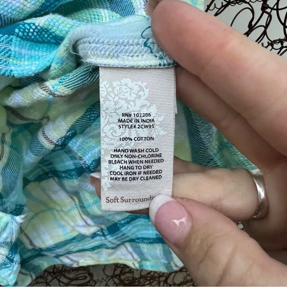 Soft Surroundings Samaria green blue plaid hi low hem button down flannel shirt - Image 5