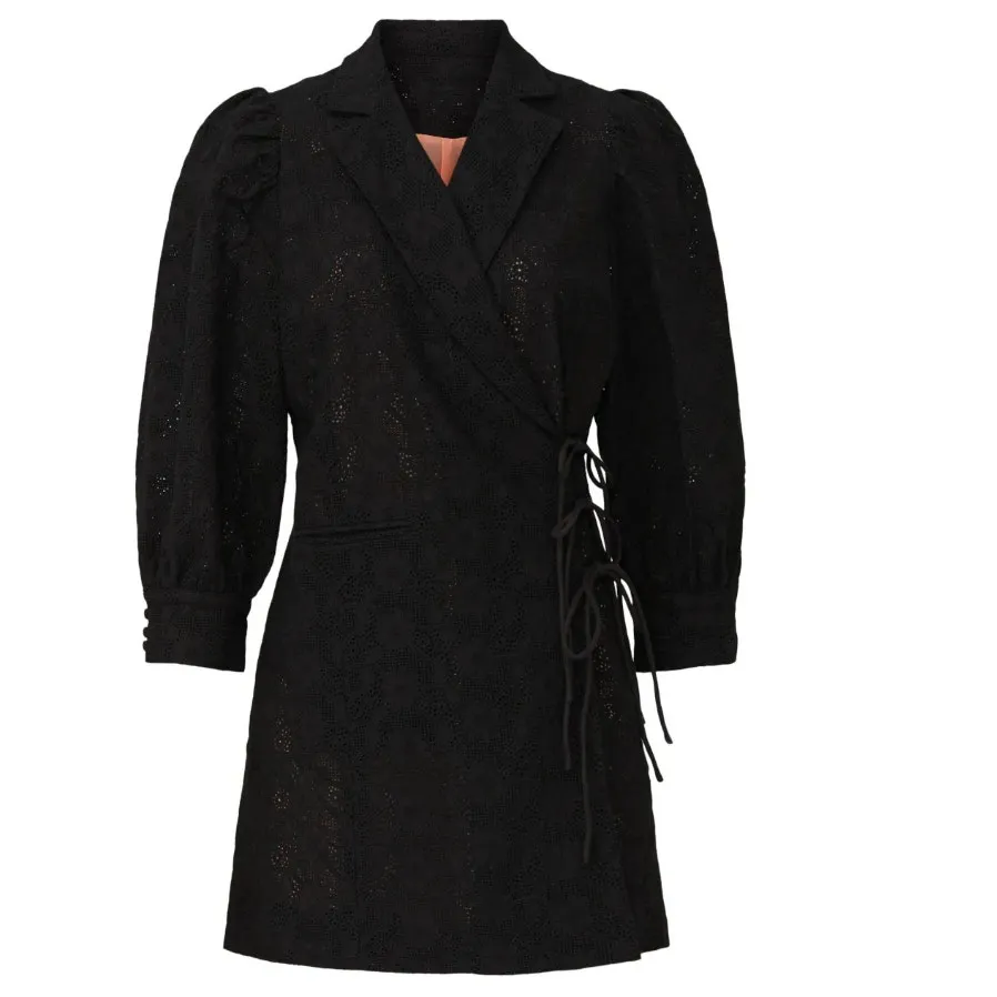 Hofmann Copenhagen Lace Wrap Mini Dress SMALL Designer Puff Sleeve Cottage $480 Black - Image 3