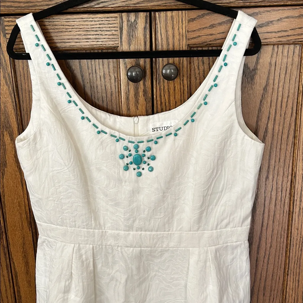 Studio I white jacquard turquoise bead accent dress Short Bridal‎ women’s 14 - Image 2