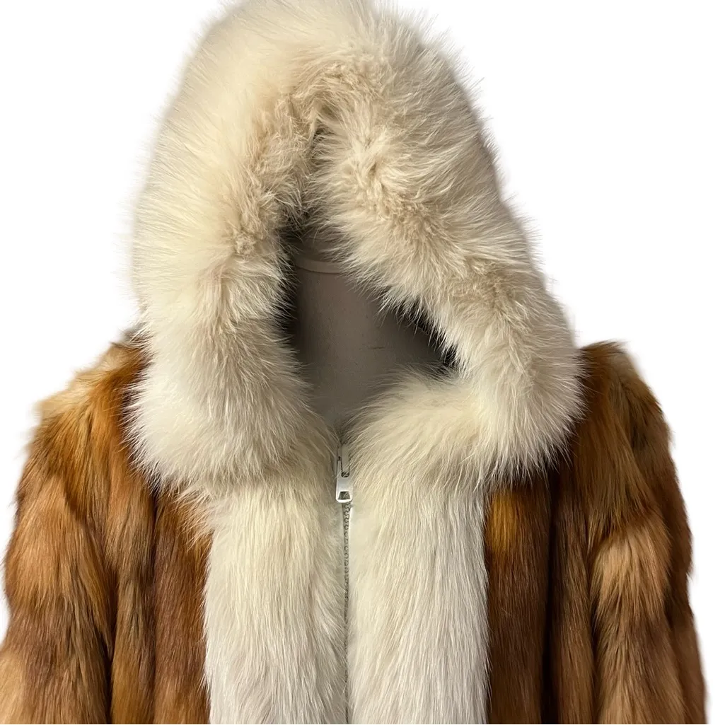 Womens Genuine Red Fox Fur Parka Jacket White Fox Trim Size M Full Zip - Image 2