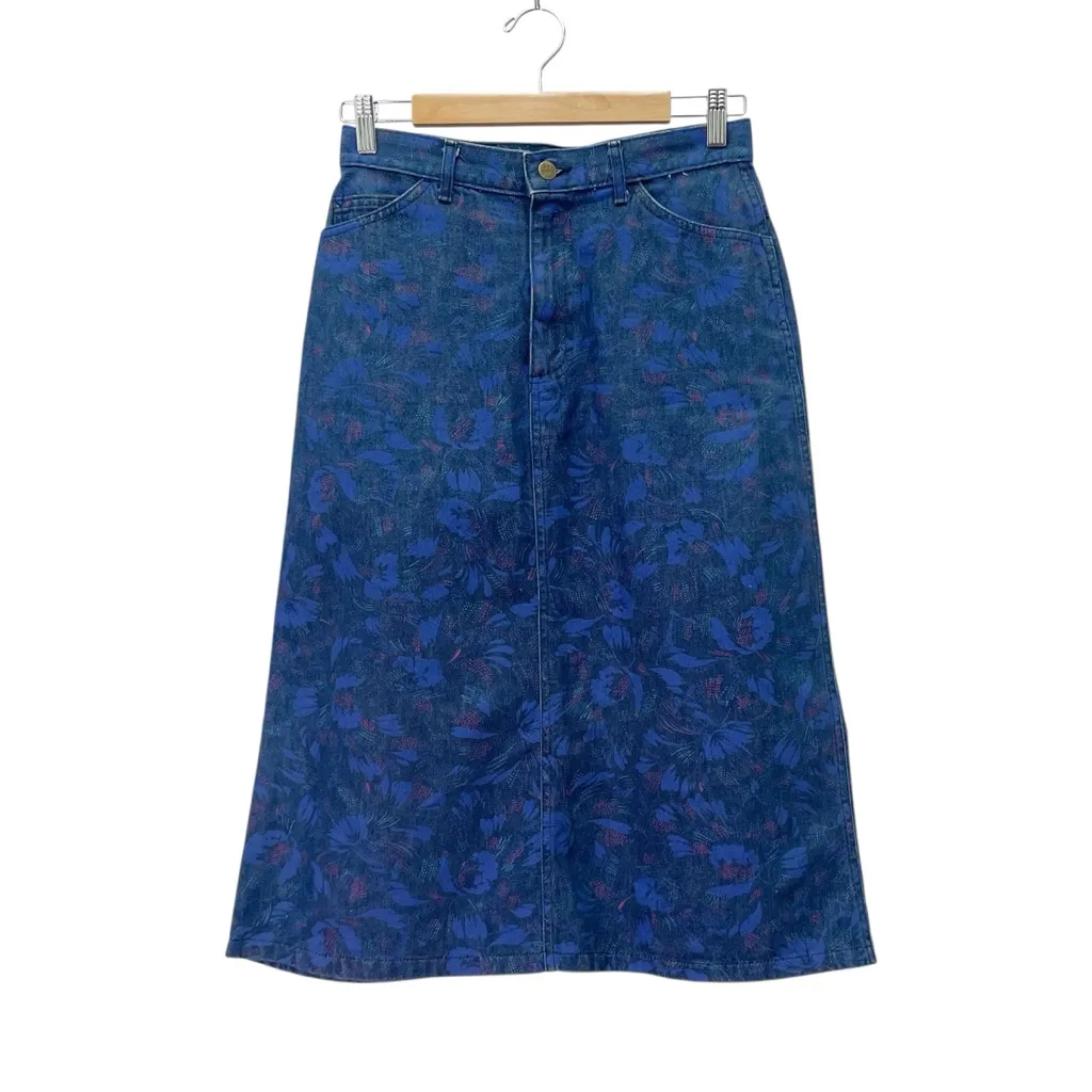 Vintage Lee Denim Skirt Size Small High Waist Floral Print Midi USA Made Blue - Image 4